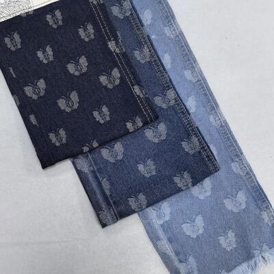 kaufen Schmetterlingsmuster Jacquard Dunkelblauer Denim Stoff Baumwolle Polyester 10oz für Spezialdesign Jeans Online-Herstellung
